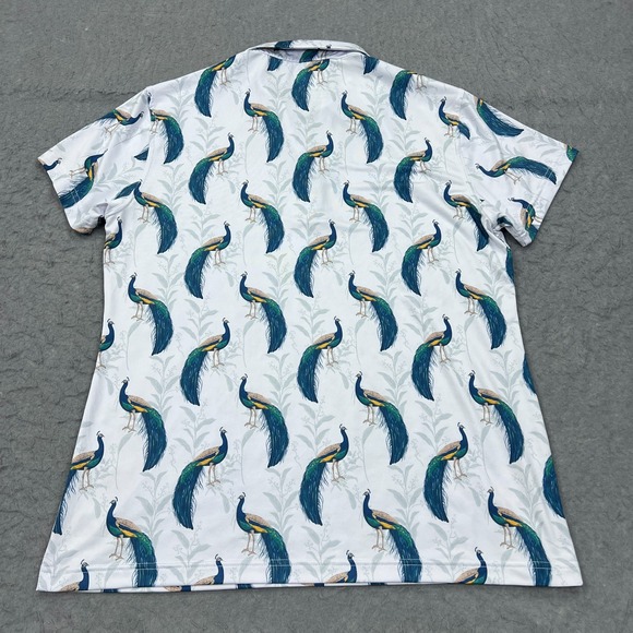 Waggle Polo Shirt Women's XL White Peacocking Bird AOP Golf Athletic Wicking Top - Picture 8 of 9
